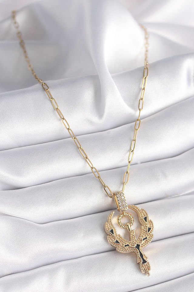 Gold Zirkon Taşlı Anka Kuşu Kadın Kolye - 316L Çelik