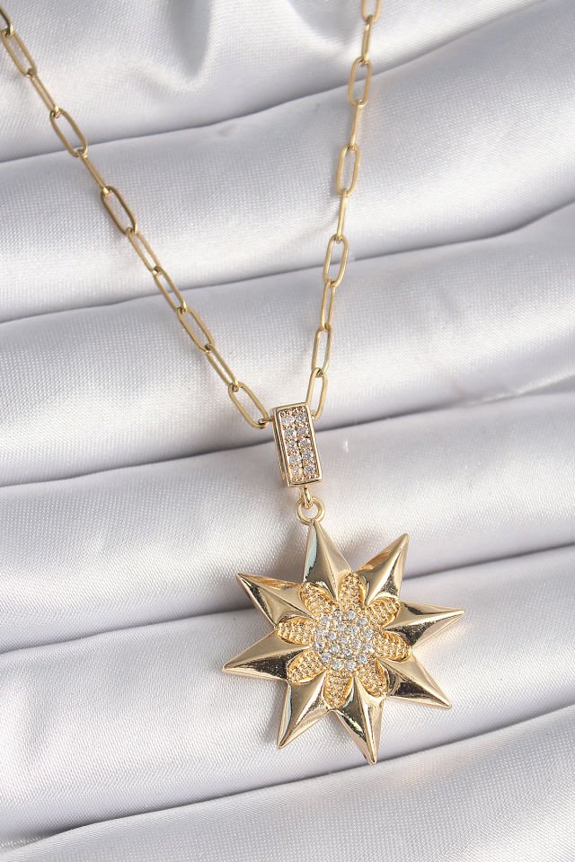 Gold Zirkon Taşlı Kutup Yıldızı Kadın Kolye - 316L Çelik