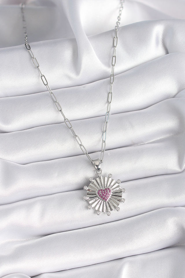 Gümüş Pembe Zirkon Taşlı Kalp Kolye - Madalyon Model