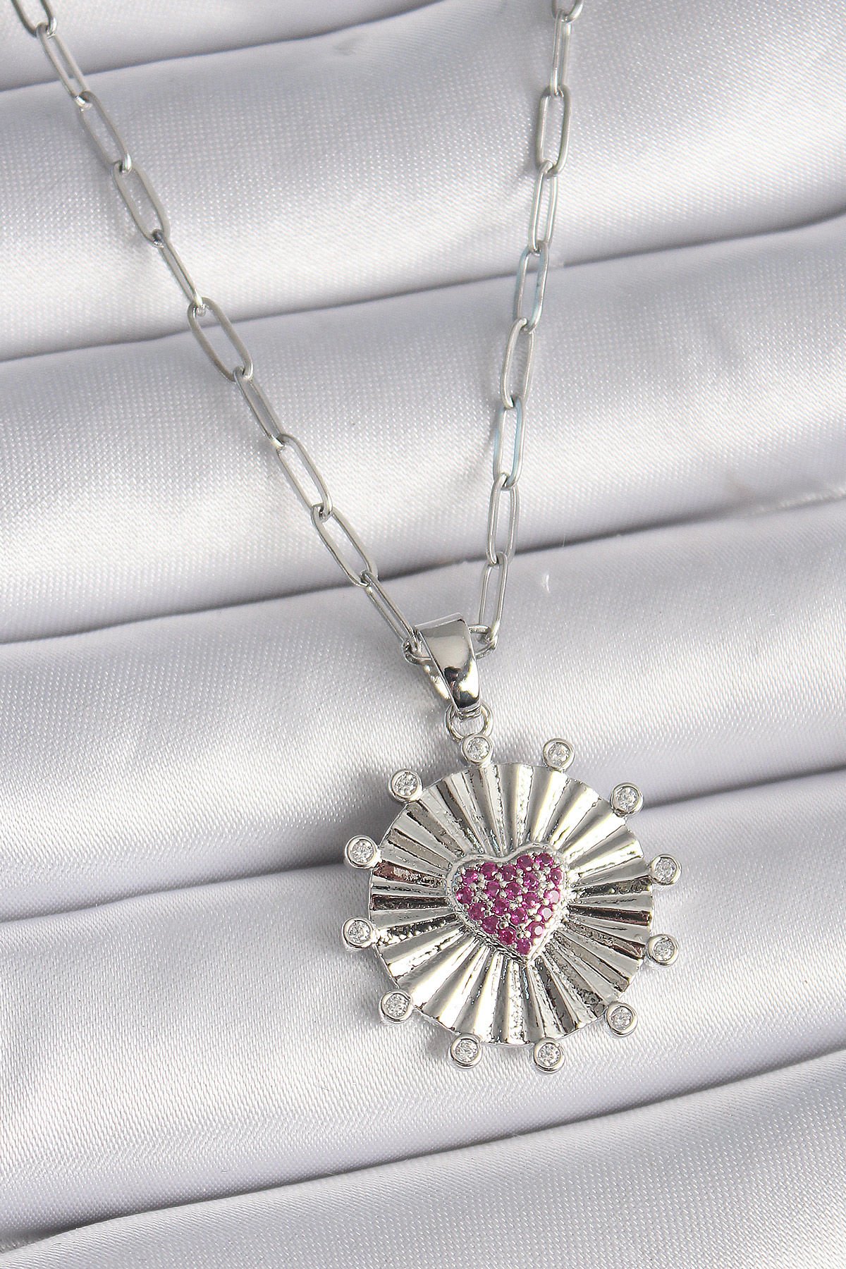 Gümüş Pembe Zirkon Taşlı Kalp Kolye - Madalyon Model