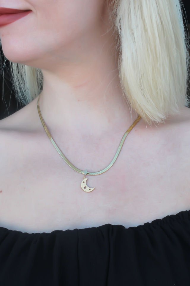 316L Kararmaz Çelik Gold Renk İtalyan Zincirli Hilal Model Kadın Kolye