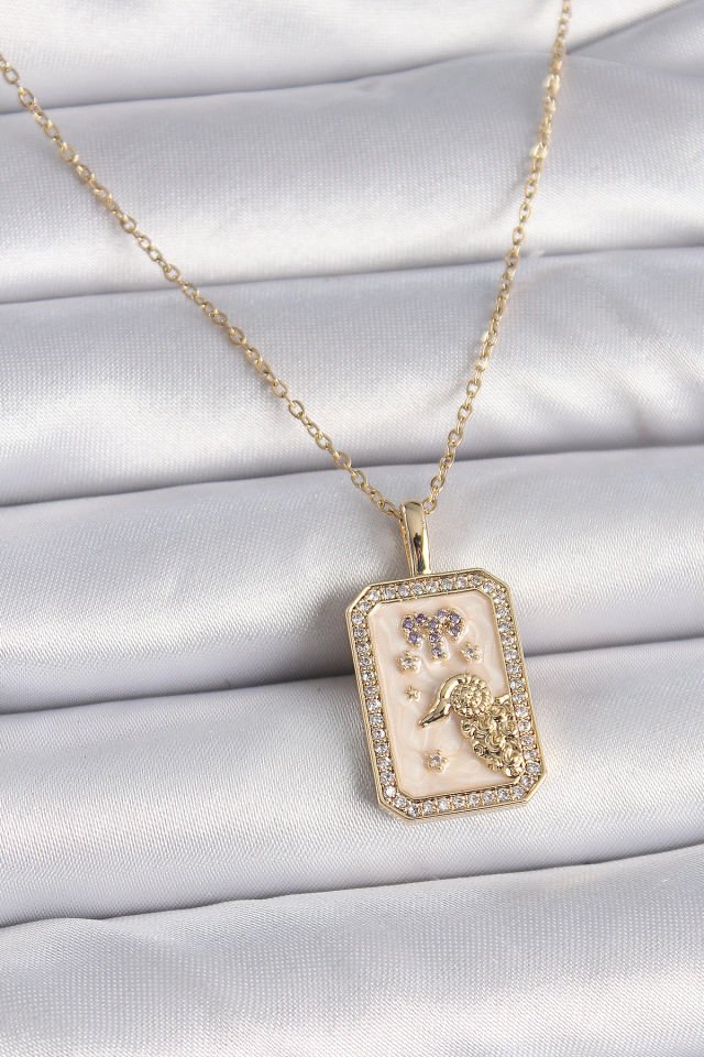 Gold Koç Burcu Zirkon Kolye- 316L Çelik