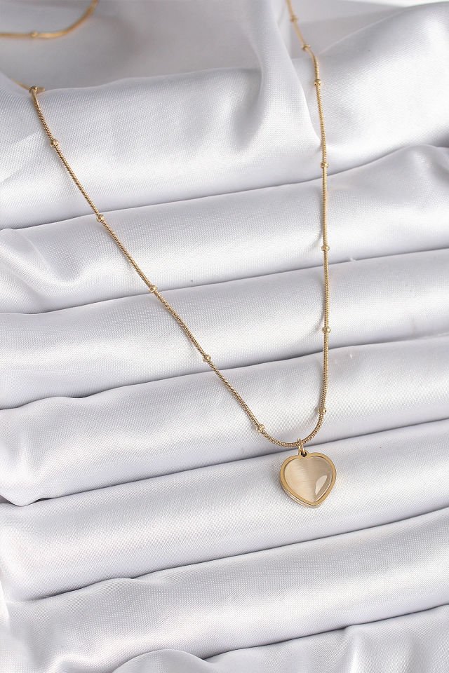 Gold Kedi Gözü Kadın Kolye - Kalp Sedefli Model