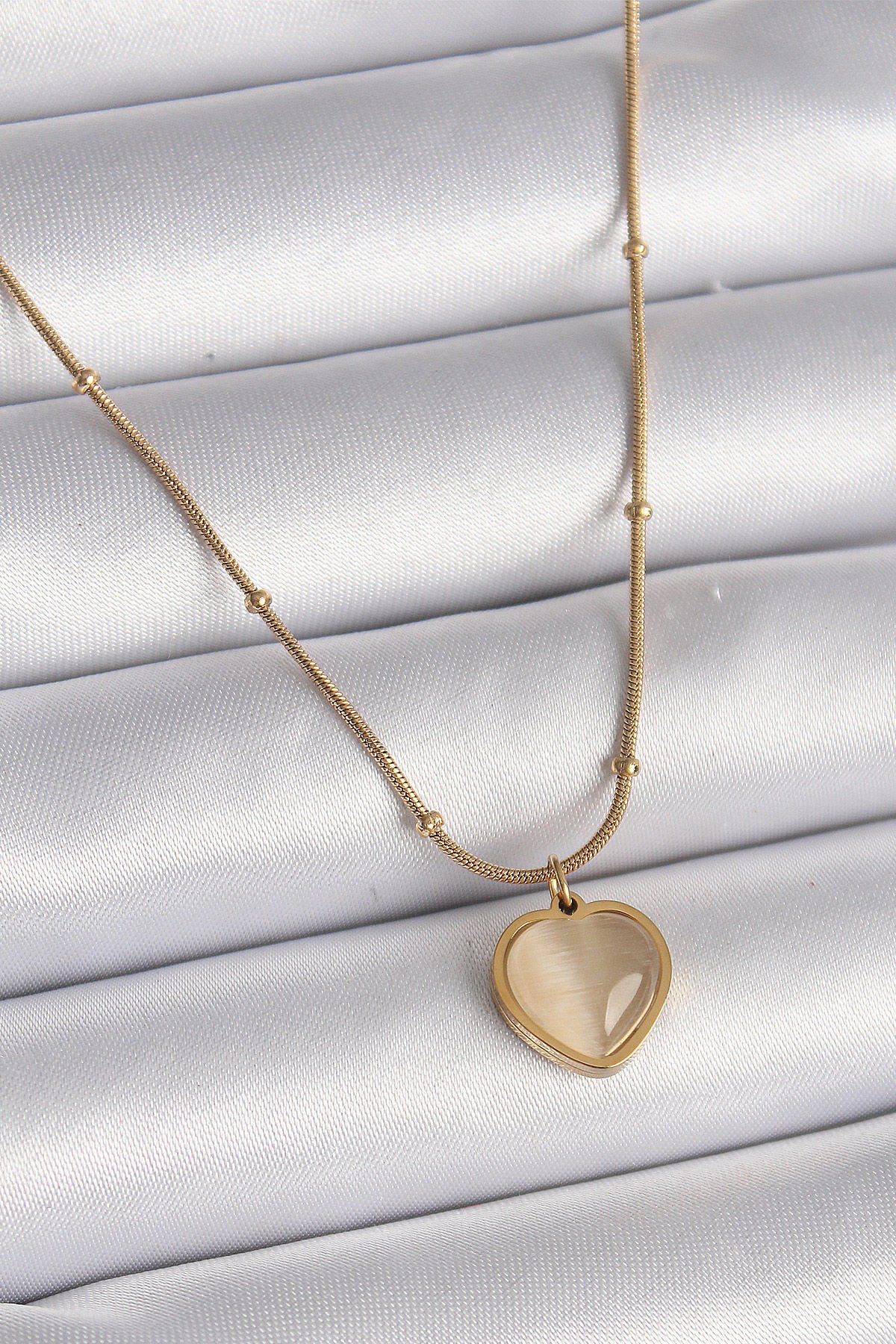 Gold Kedi Gözü Kadın Kolye - Kalp Sedefli Model