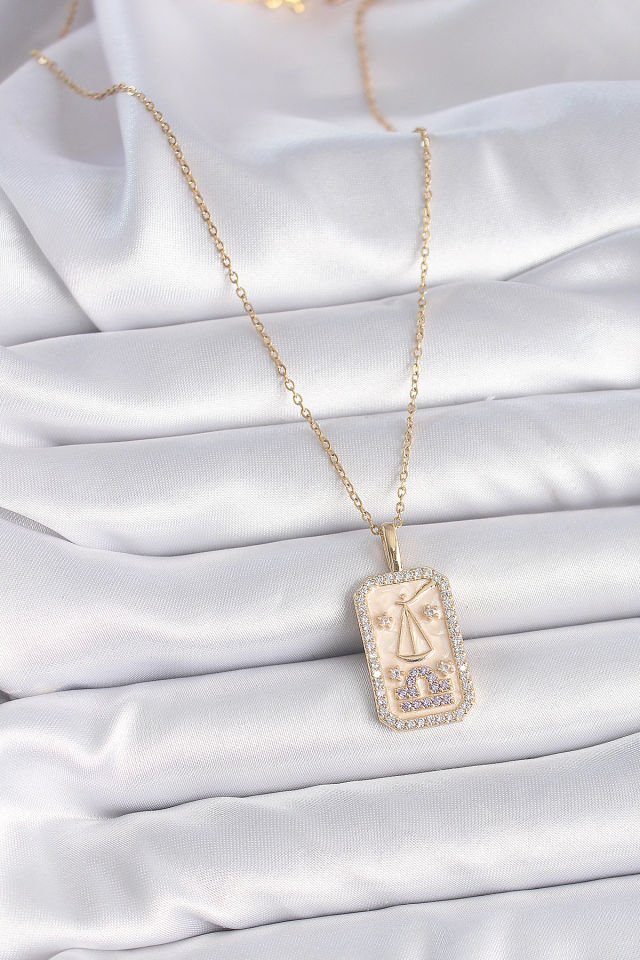 Gold Terazi Burcu Zirkon Kolye - 316L Çelik