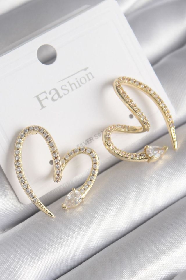 Gold Zirkon Taşlı Kadın Küpe - Yılan Kalp Model