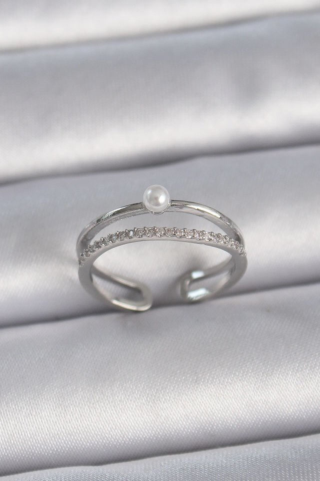 Pirinç Gümüş Renk Zirkon Taşlı İnci Detay Ayarlanabilir Model Kadın Yüzük