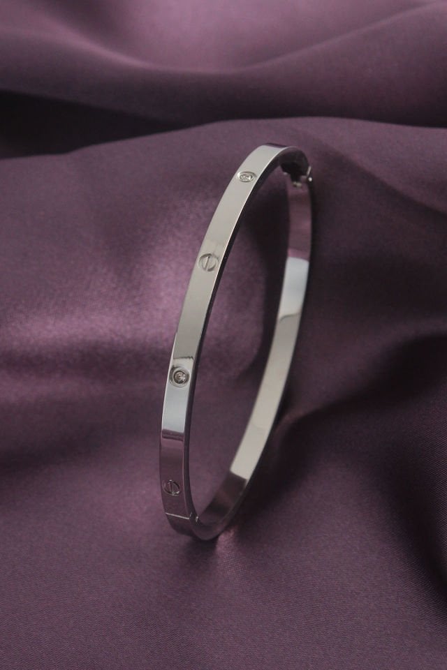 Çelik Gümüş Renk Zirkon Taş Detay Kadın Kelepçe