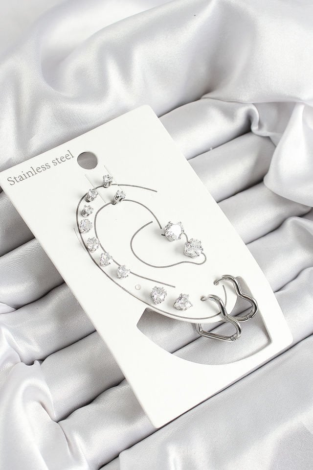 316L Çelik Kalp Figürlü Ve Zirkon Taşlı Gümüş Renk 7'li Çift Kadın Küpe Set