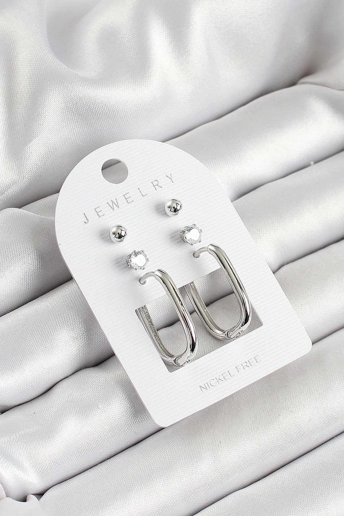 Pirinç Zirkon Taş Ve Dikdörtgen Figürlü Gümüş Renk 3'lü Çift Kadın Küpe Set