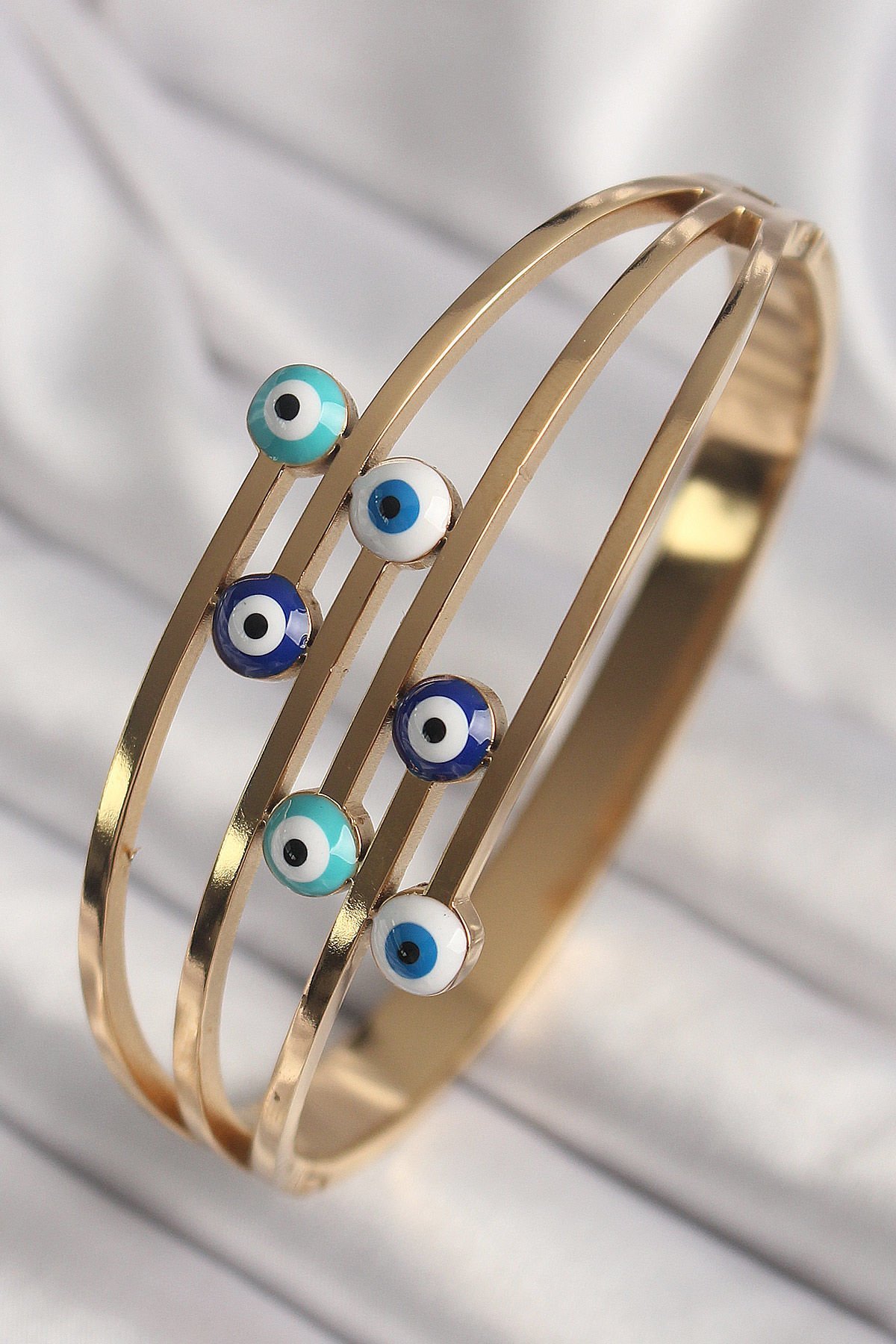 316L Çelik Gold Renk Nazar Boncuklu Kaburga Model Kadın Kelepçe