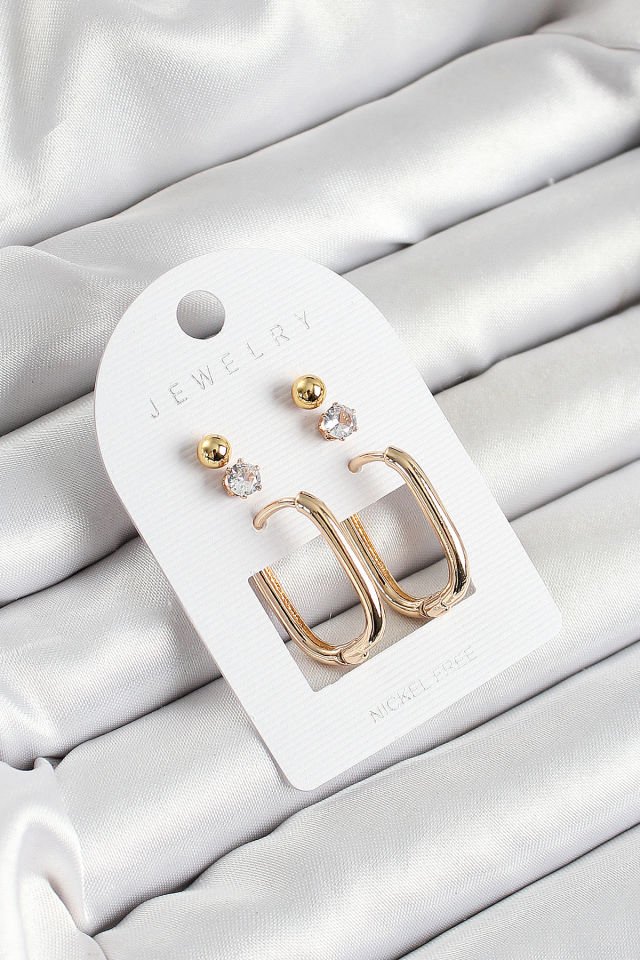 Pirinç Zirkon Taş Ve Dikdörtgen Figürlü Gold Renk 3'lü Çift Kadın Küpe Set