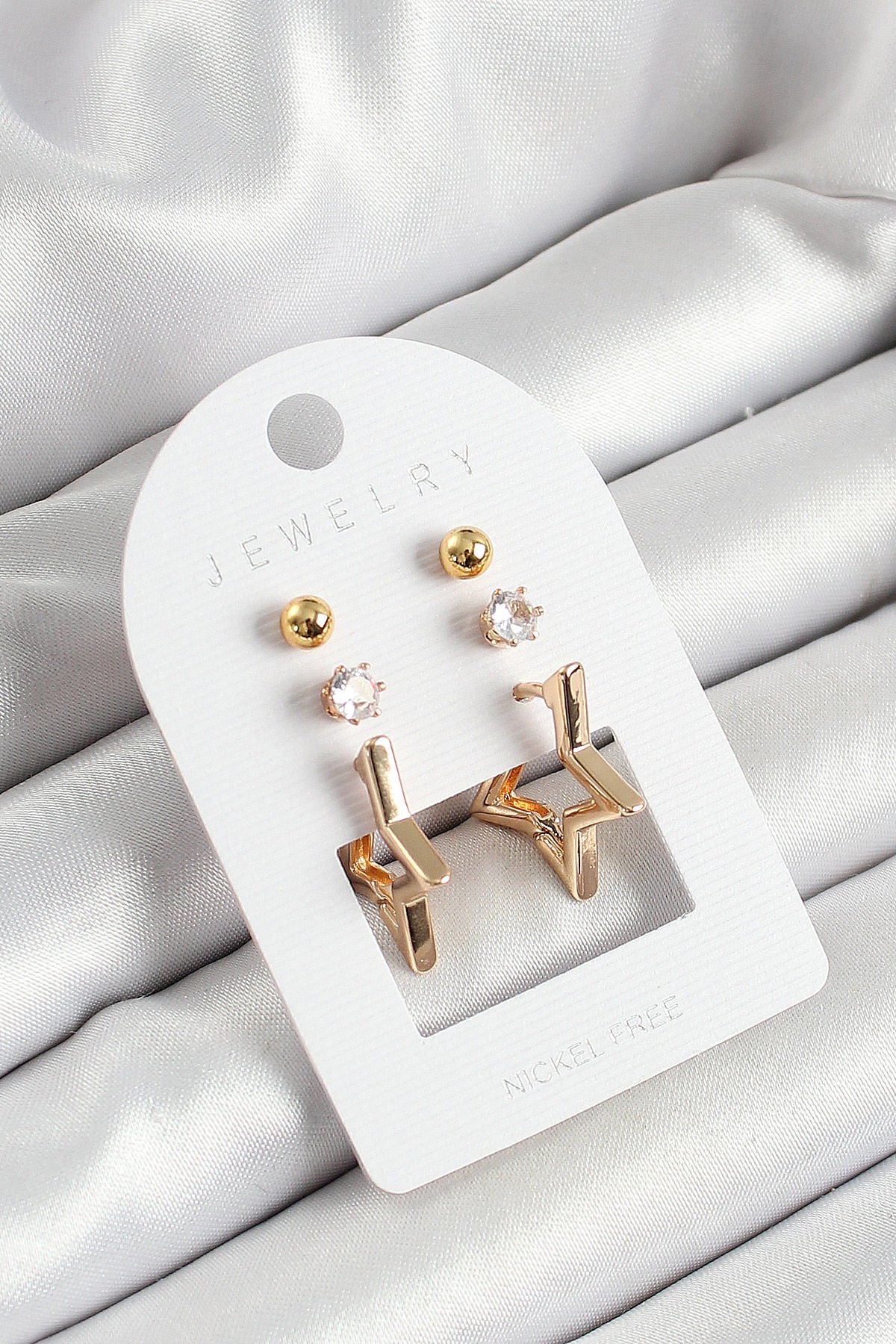 Pirinç Zirkon Taş Ve Yıldız Figürlü Gold Renk 3'lü Çift Kadın Küpe Set