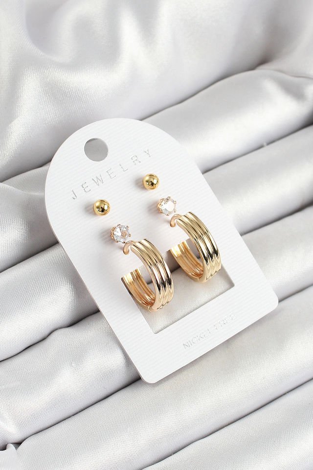 Pirinç Zirkon Taş Ve Halka Figürlü Gold Renk 3'lü Çift Kadın Küpe Set