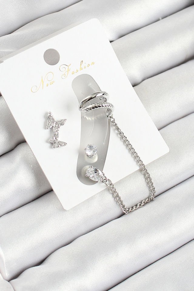 Pirinç Kelebek Figürlü Zirkon Taşlı Gümüş Renk 3'lü Kıkırdak Kadın Küpe Set