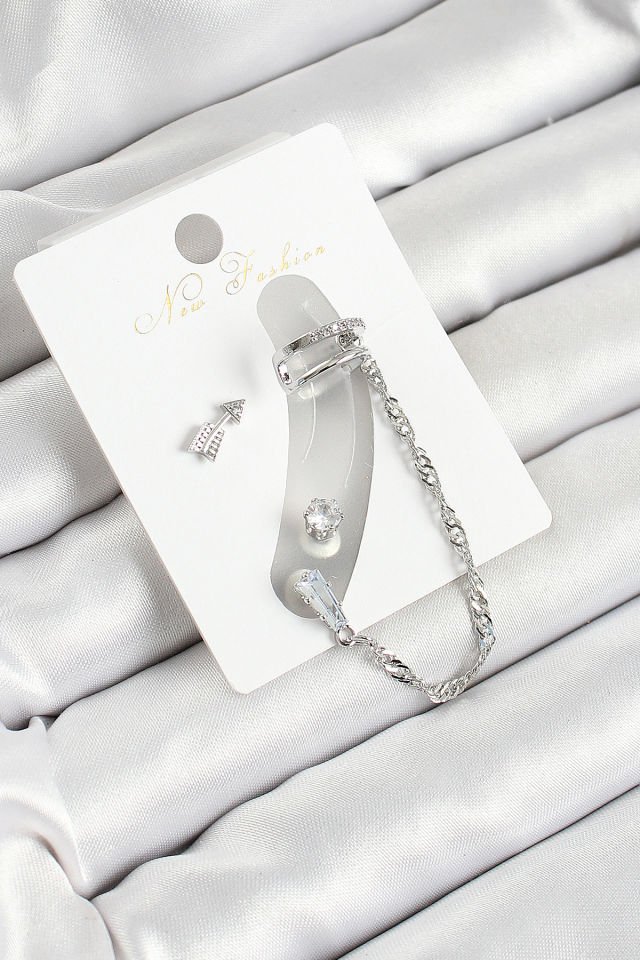 Pirinç Ok Figürlü Zirkon Taşlı Gümüş Renk 3'lü Kıkırdak Kadın Küpe Set