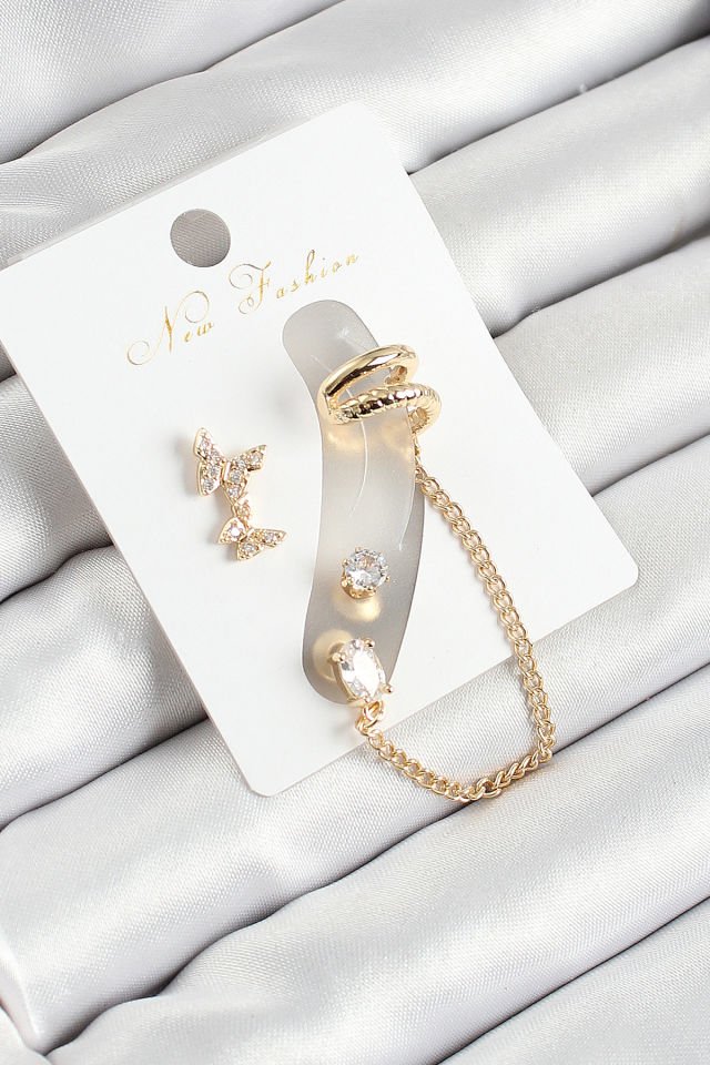 Pirinç Kelebek Figürlü Zirkon Taşlı Gold Renk 3'lü Kıkırdak Kadın Küpe Set