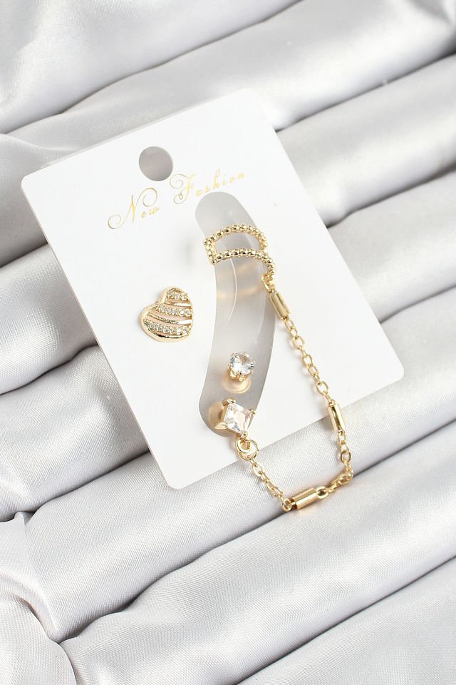 Pirinç Kalp Figürlü Zirkon Taşlı Gold Renk 3'lü Kıkırdak Kadın Küpe Set