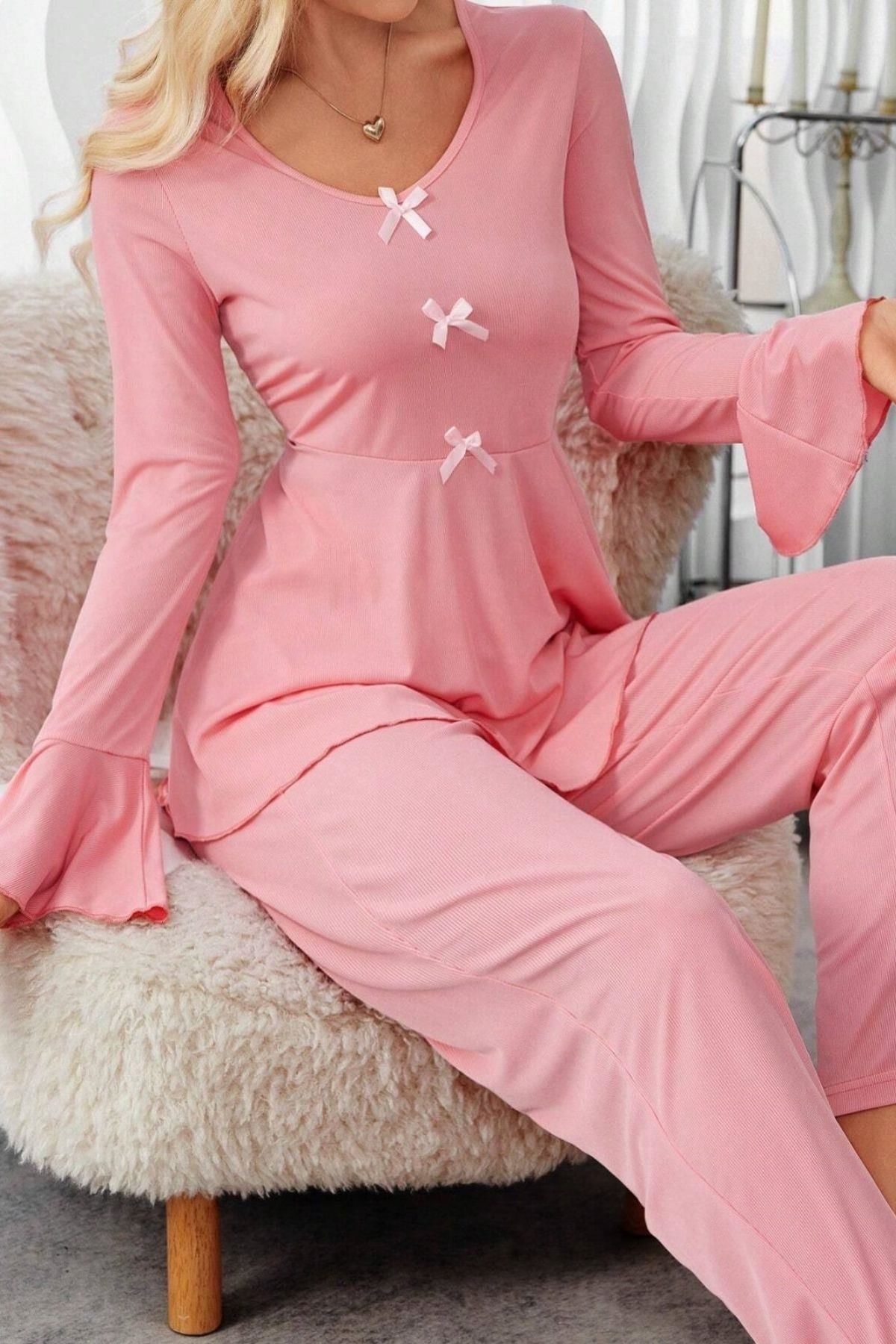 Bella Notte Pembe Fiyonk Detaylı Günlük Pijama Takımı 7141