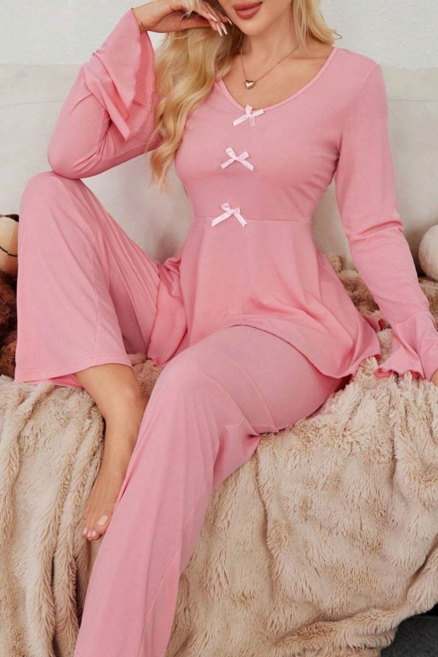 Bella Notte Pembe Fiyonk Detaylı Günlük Pijama Takımı 7141