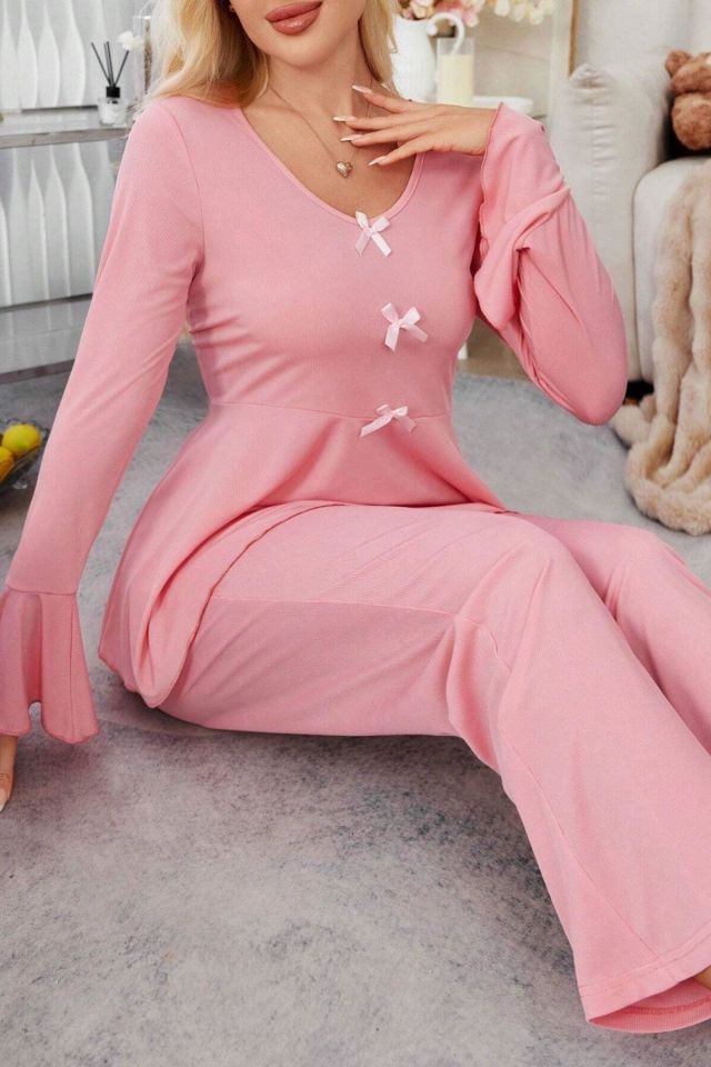 Bella Notte Pembe Fiyonk Detaylı Günlük Pijama Takımı 7141