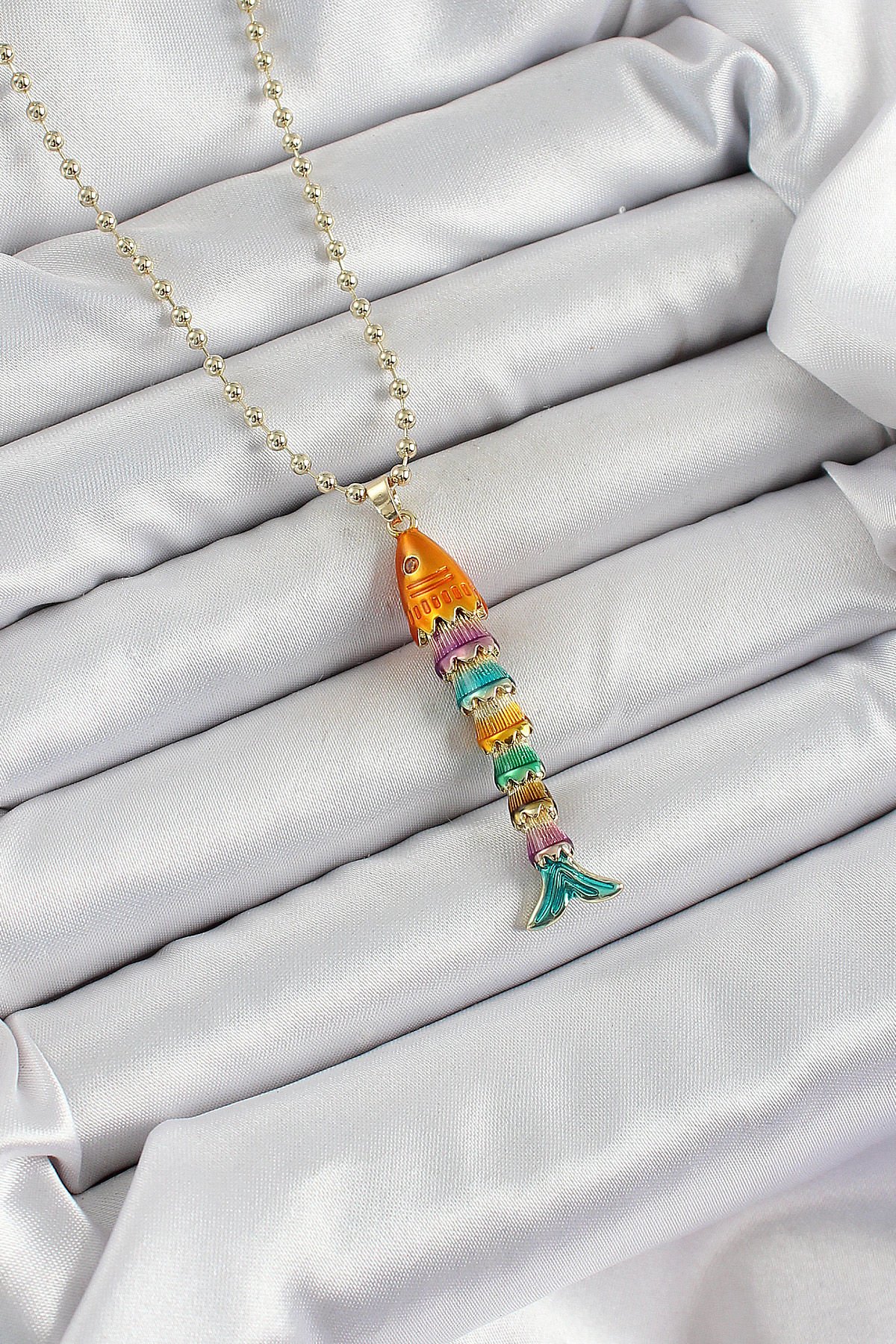 Pirinç Rainbow Balık Model Zirkon Taşlı Gold Renk Kadın Kolye