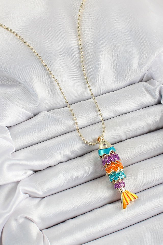 Pirinç Rainbow Balık Model Zirkon Taşlı Gold Renk Kadın Kolye