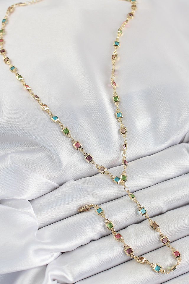 Pirinç Asorti Kare Model Gold Renk Zirkon Taşlı Y Kolye