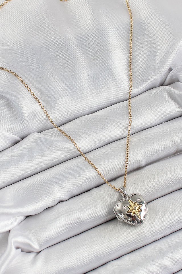 316L Çelik Zincir Açılabilir Kutup Yıldızı Figürlü Kalp Model Zirkon Taşlı Gold Ve Gümüş Renk Kadın Kolye