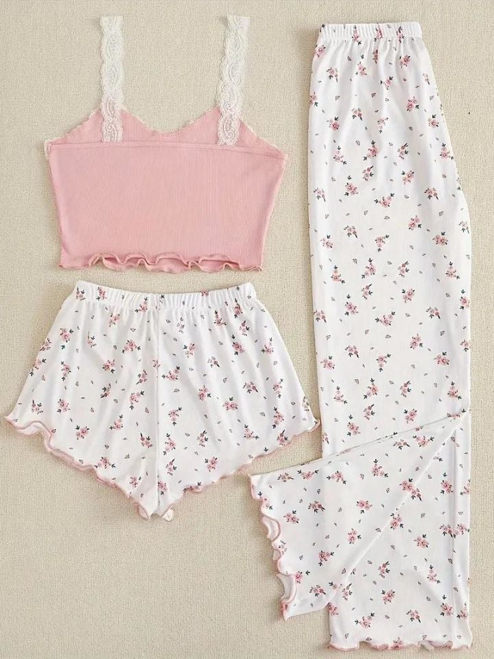 Bella Notte Pembe Çiçek Desenli 3'lü Pijama Takımı 7705