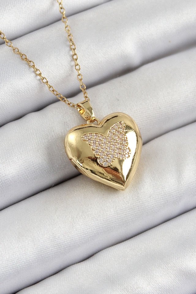 316L Çelik Zincir Açılabilir Kelebek Figürlü Kalp Model Zirkon Taşlı Gold Renk Kadın Kolye