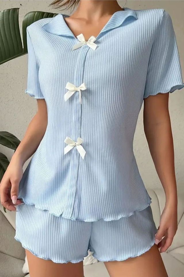 Bella Notte Mavi V Yaka Pamuklu Fiyonk Detaylı Pijama Takımı 7711