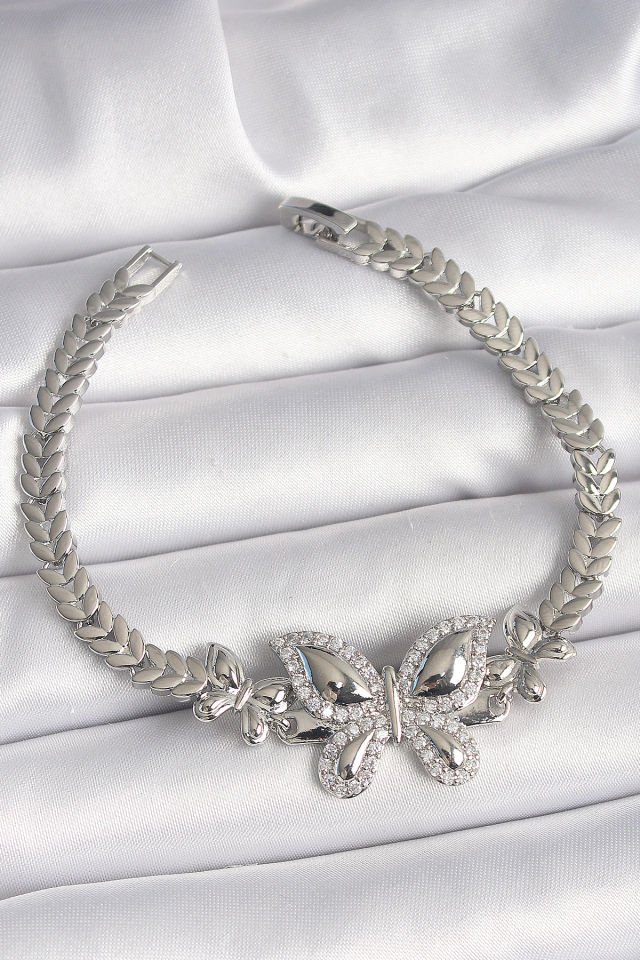 Pirinç Gümüş Renk Zirkon Taşlı Kelebek Model Kadın Bileklik