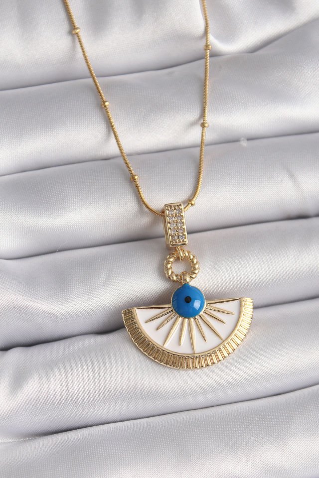 Gold Zirkon Nazar Boncuk Göz Kolye  - 316L Çelik