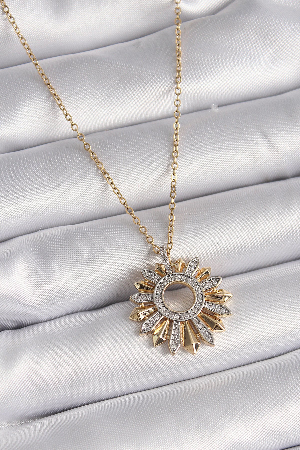 Gold Zirkon Mix Renk Güneş Kolye - 316L Çelik