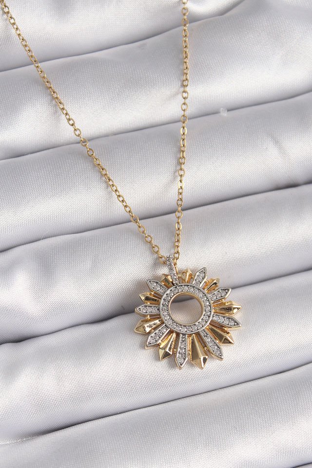 Gold Zirkon Mix Renk Güneş Kolye - 316L Çelik