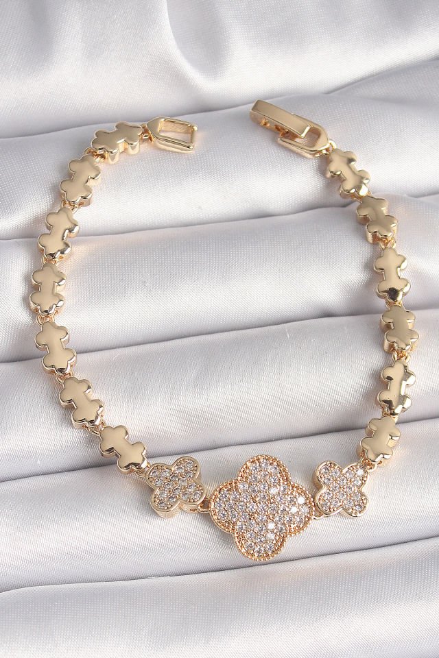 Pirinç Gold Renk Zirkon Taşlı Yonca Model Zincir Kadın Bileklik