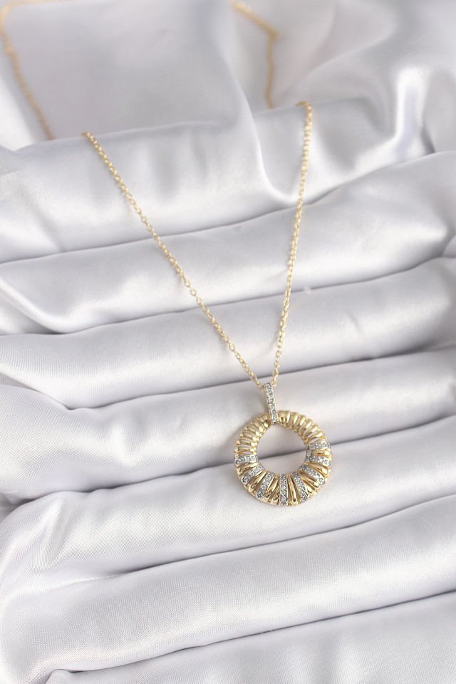 Gold Zincir Gümüş Zirkon Daire Kolye- 316L Çelik