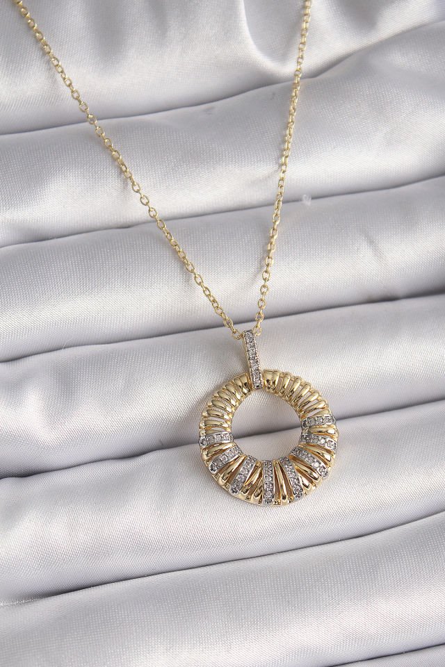 Gold Zincir Gümüş Zirkon Daire Kolye- 316L Çelik