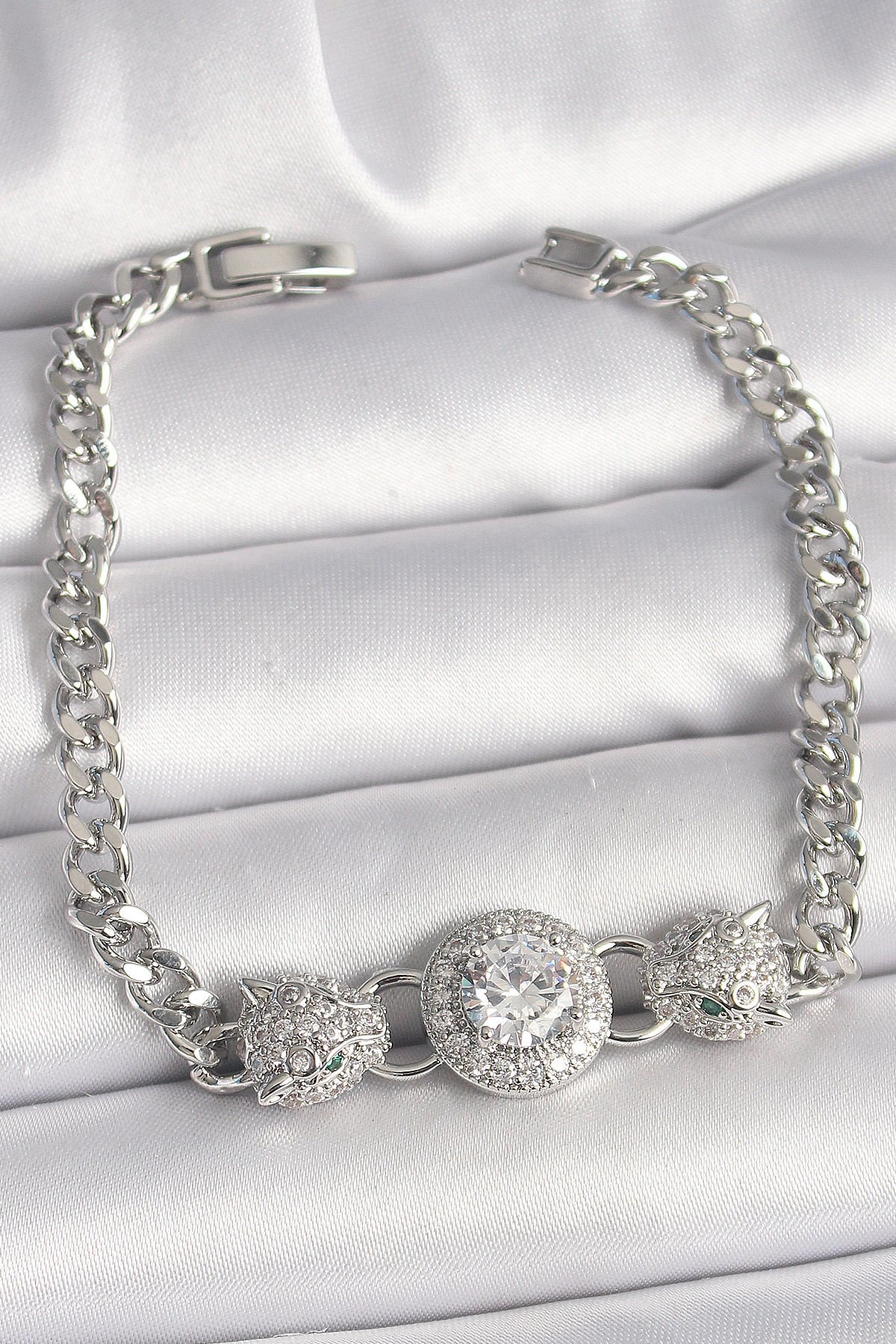 Pirinç Gümüş Renk Zirkon Taşlı Leopar Figür Zincir Model Kadın Bileklik