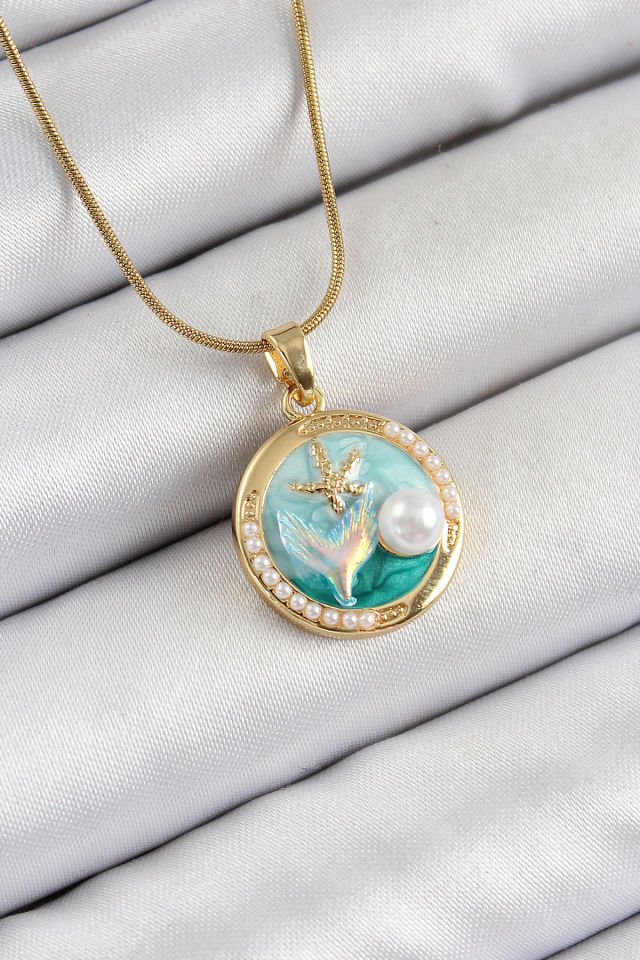 316L Çelik Zincir Turkuaz Mineli Sanatsal Portre İnci Detaylı Deniz Yılıdızı Model Gold Renk Kadın Kolye