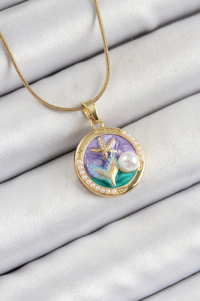 316L Çelik Zincir Mor Mineli Sanatsal Portre İnci Detaylı Deniz Yılıdızı Model Gold Renk Kadın Kolye