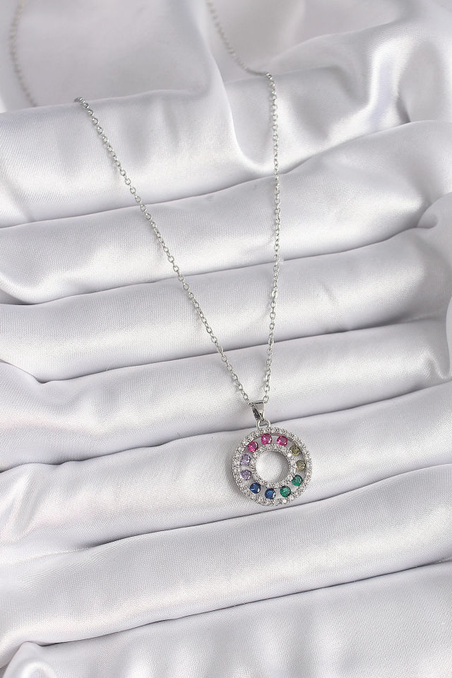 Gümüş Renkli Zirkon Madalyon  Kolye - 316L Çelik