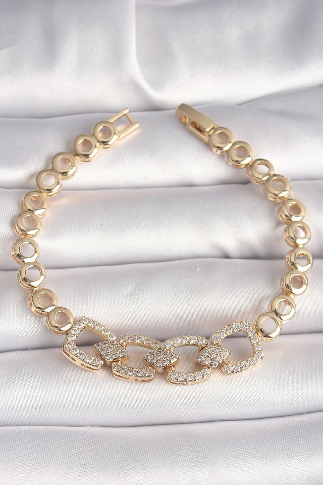 Pirinç Gold Renk Zirkon Taşlı Daire Zincir Model Kadın Bileklik