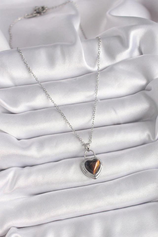 Gümüş  Kilit Kalp Kehribar  Kolye - 316L Çelik