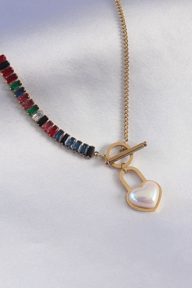 316L Çelik Gold Renk 2'li Zirkon Taşlı Kilit Kalp Figür Kadın Kolye