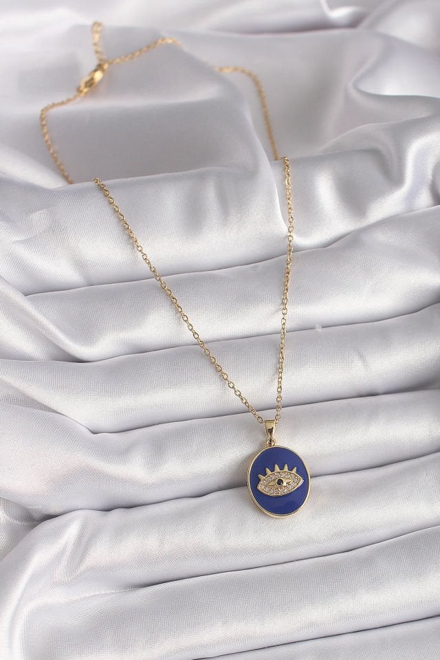 Gold Mavi Zirkon Göz Kolye - 316L Çelik