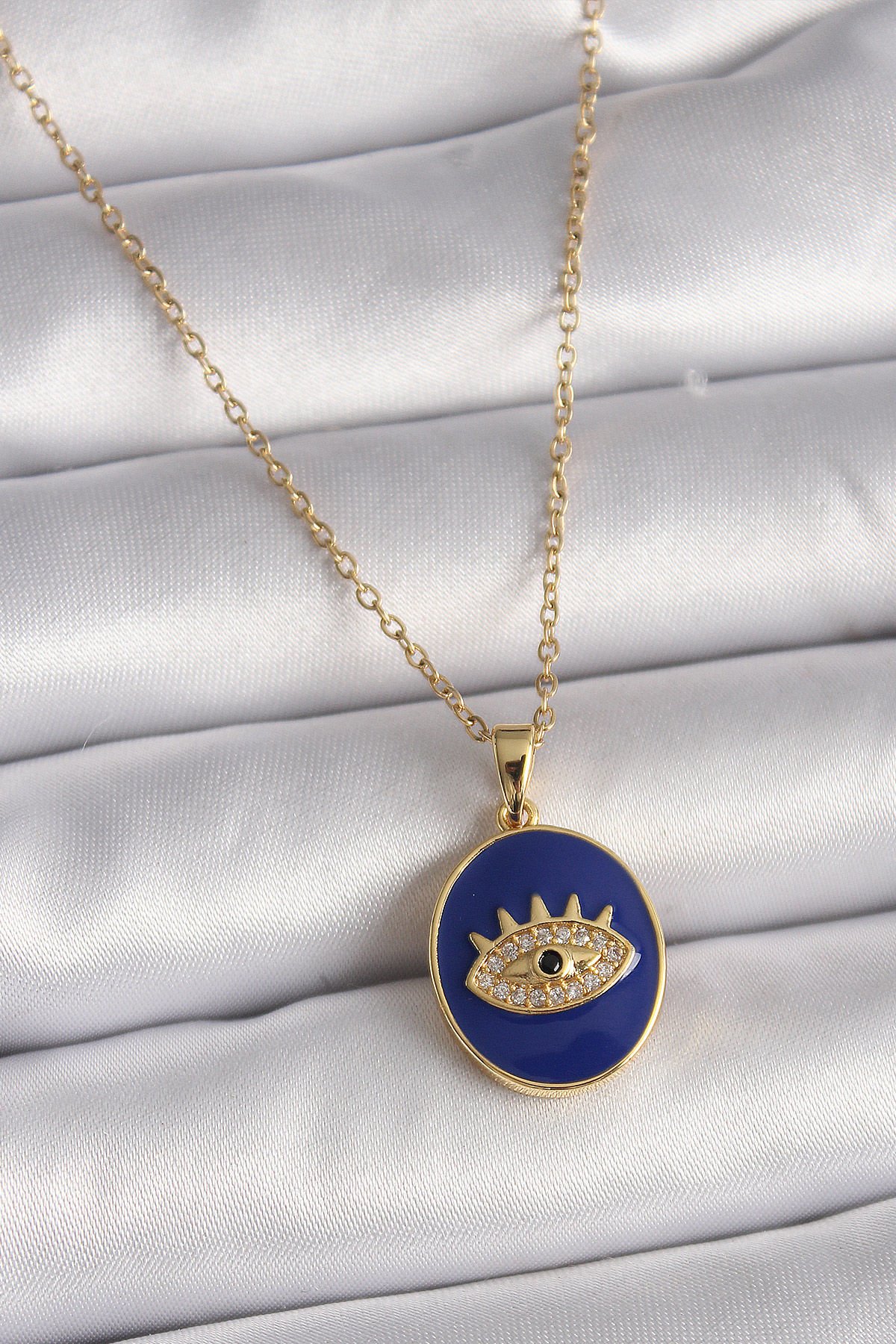 Gold Mavi Zirkon Göz Kolye - 316L Çelik