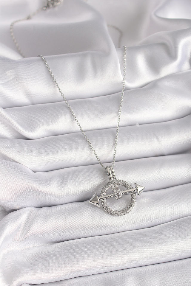 Gümüş Zirkon Taşlı Halka Kolye - 316L Çelik