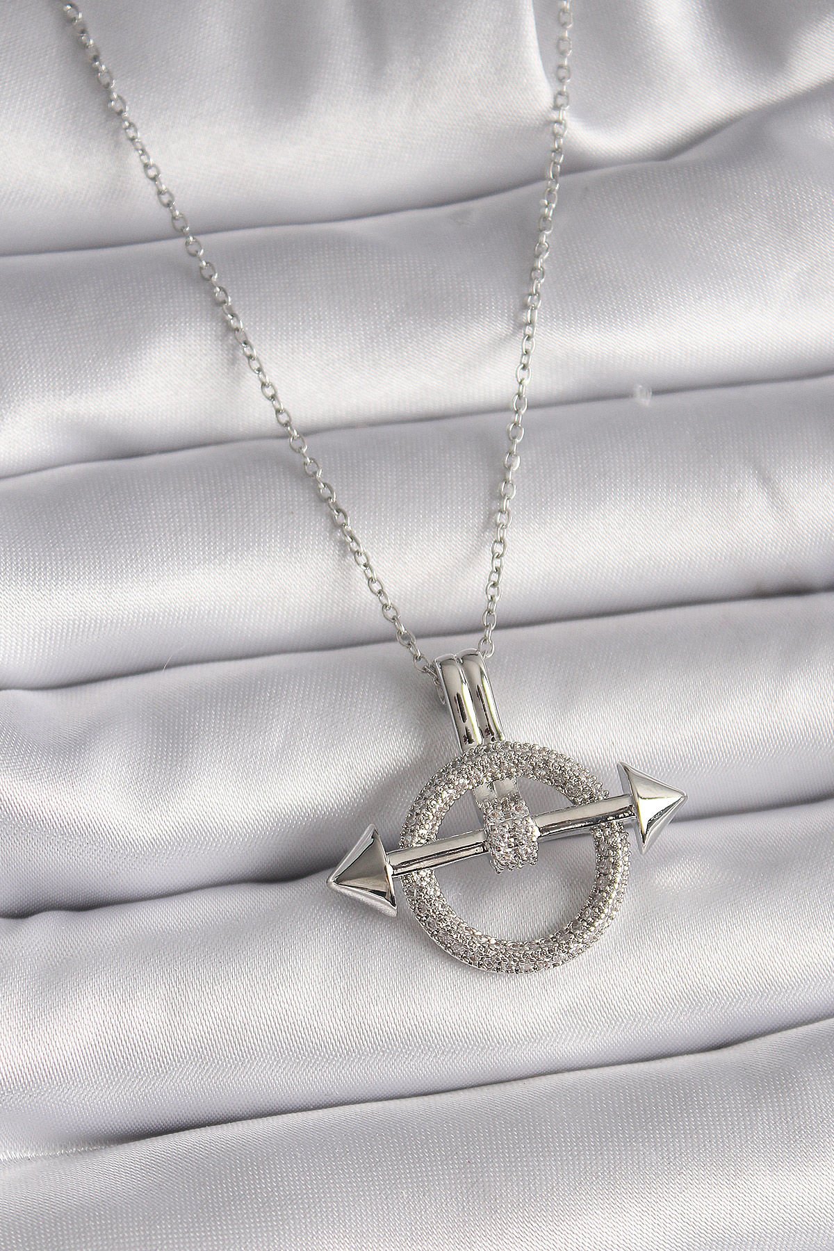 Gümüş Zirkon Taşlı Halka Kolye - 316L Çelik